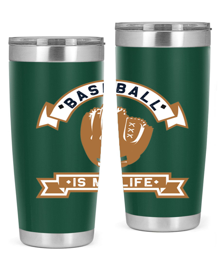 Baseball 1445# Tumbler in stainless steel with a drink-thru lid, showcasing its sleek design and vibrant print.