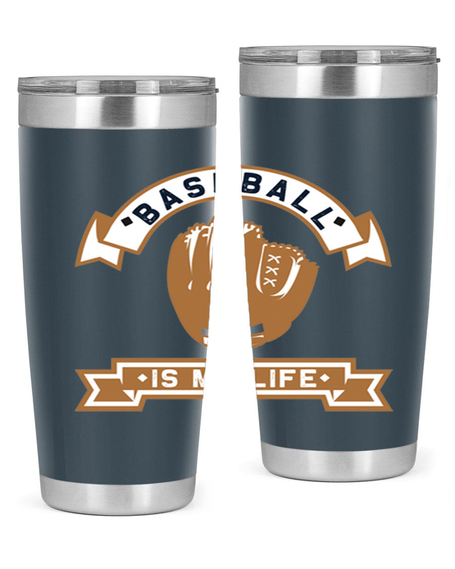 Baseball 1445# Tumbler in stainless steel with a drink-thru lid, showcasing its sleek design and vibrant print.