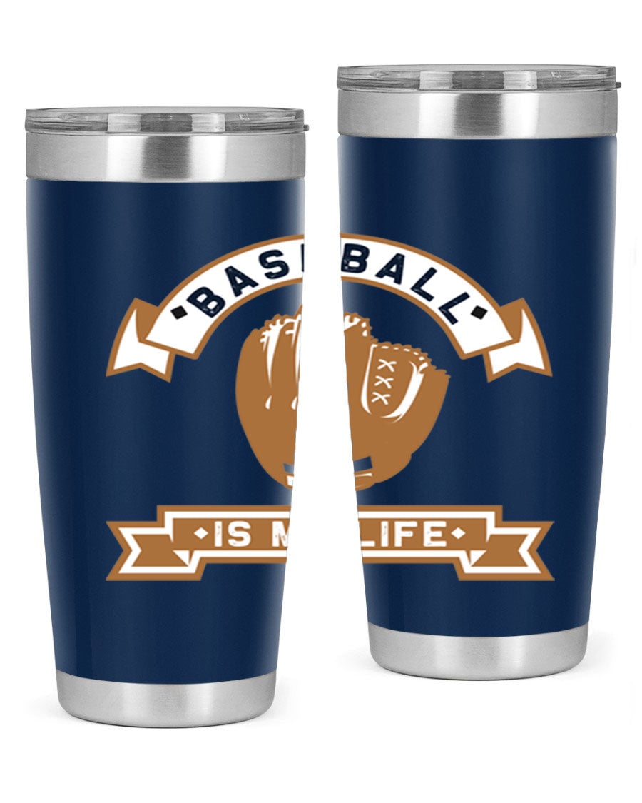 Baseball 1445# Tumbler in stainless steel with a drink-thru lid, showcasing its sleek design and vibrant print.