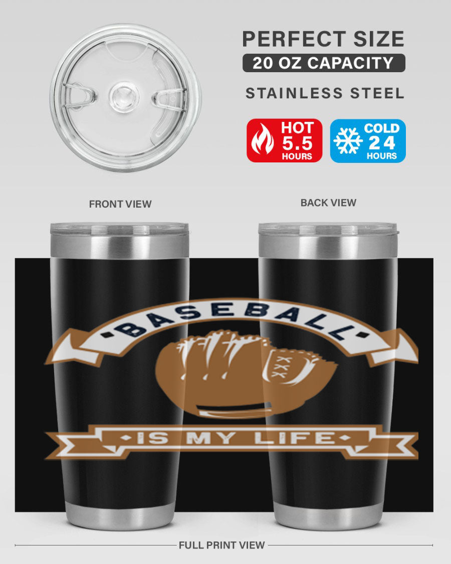 Baseball 1445# Tumbler in stainless steel with a drink-thru lid, showcasing its sleek design and vibrant print.