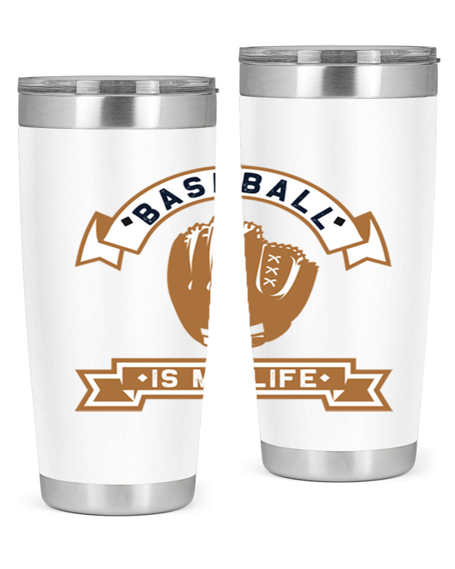 Baseball 1445# Tumbler in stainless steel with a drink-thru lid, showcasing its sleek design and vibrant print.