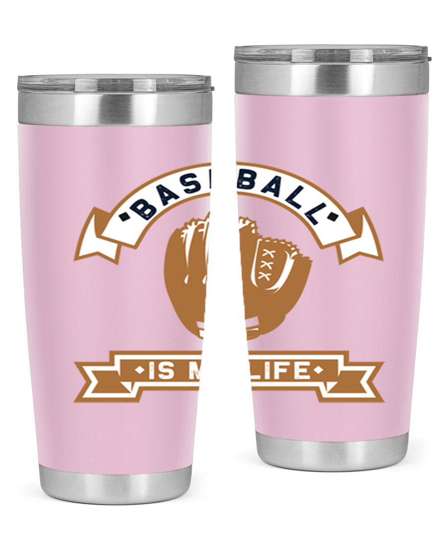 Baseball 1445# Tumbler in stainless steel with a drink-thru lid, showcasing its sleek design and vibrant print.