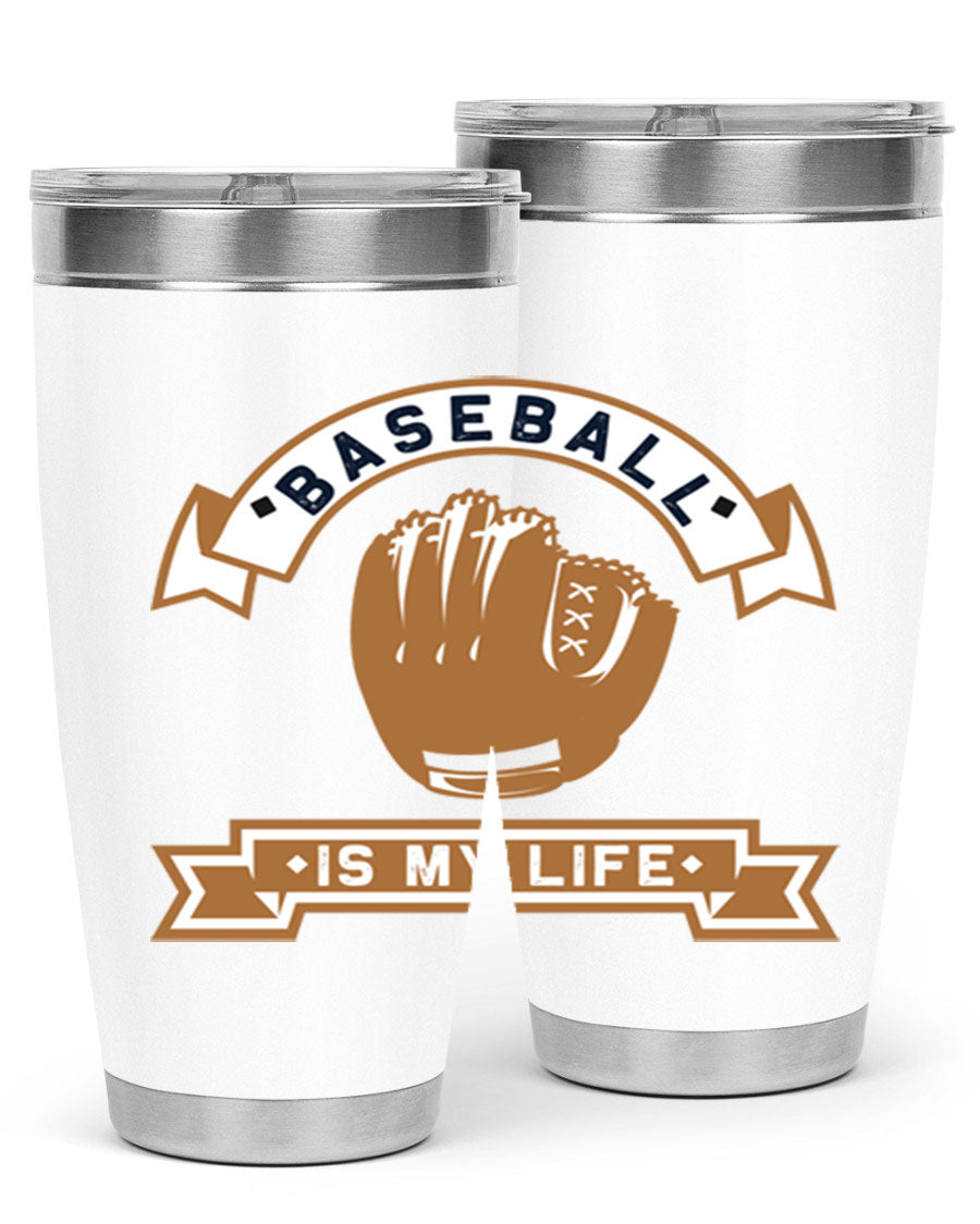 Baseball 1445# Tumbler in stainless steel with a drink-thru lid, showcasing its sleek design and vibrant print.