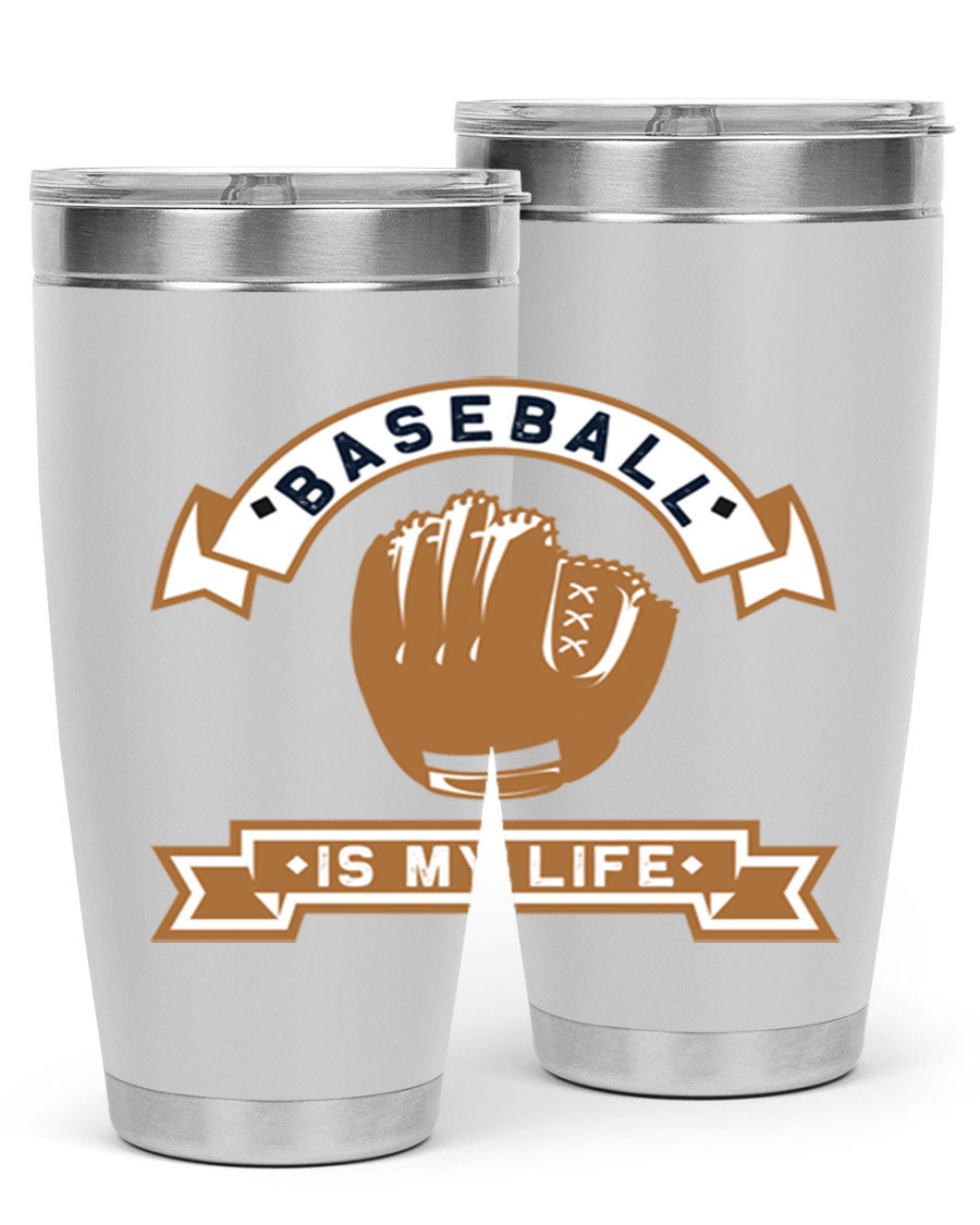 Baseball 1445# Tumbler in stainless steel with a drink-thru lid, showcasing its sleek design and vibrant print.