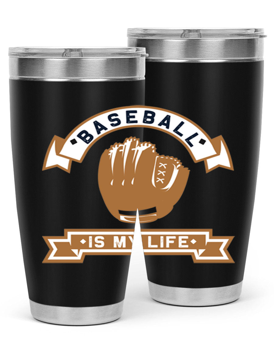 Baseball 1445# Tumbler in stainless steel with a drink-thru lid, showcasing its sleek design and vibrant print.