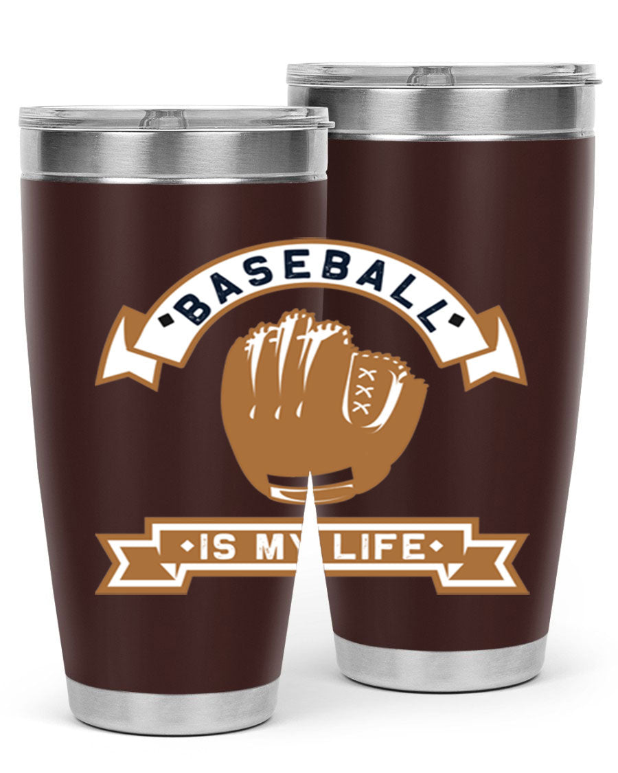 Baseball 1445# Tumbler in stainless steel with a drink-thru lid, showcasing its sleek design and vibrant print.