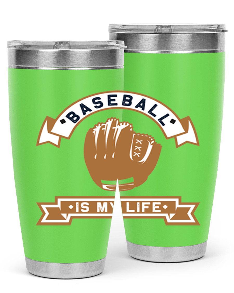 Baseball 1445# Tumbler in stainless steel with a drink-thru lid, showcasing its sleek design and vibrant print.