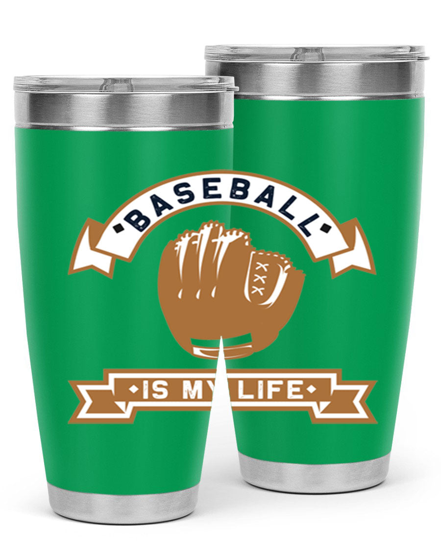 Baseball 1445# Tumbler in stainless steel with a drink-thru lid, showcasing its sleek design and vibrant print.