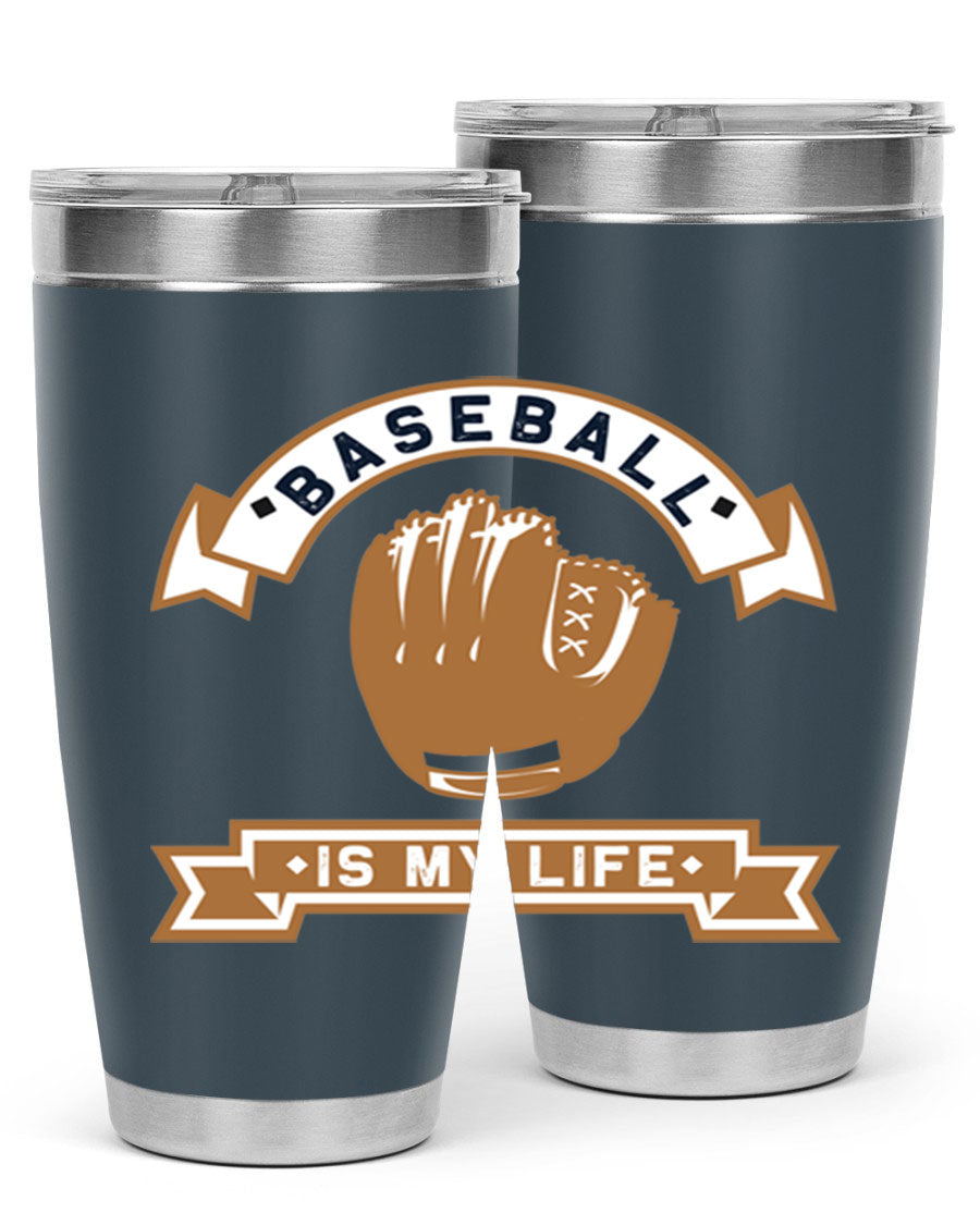 Baseball 1445# Tumbler in stainless steel with a drink-thru lid, showcasing its sleek design and vibrant print.