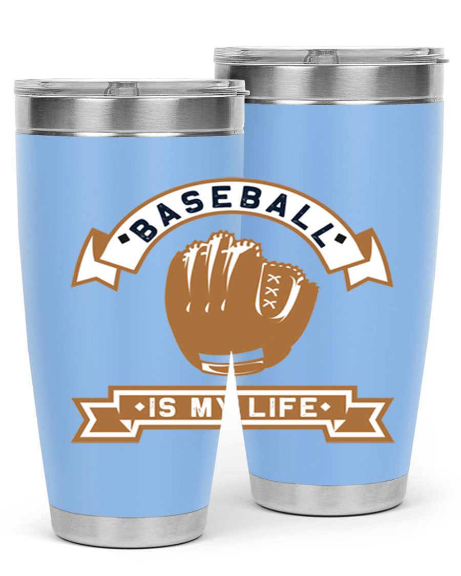 Baseball 1445# Tumbler in stainless steel with a drink-thru lid, showcasing its sleek design and vibrant print.