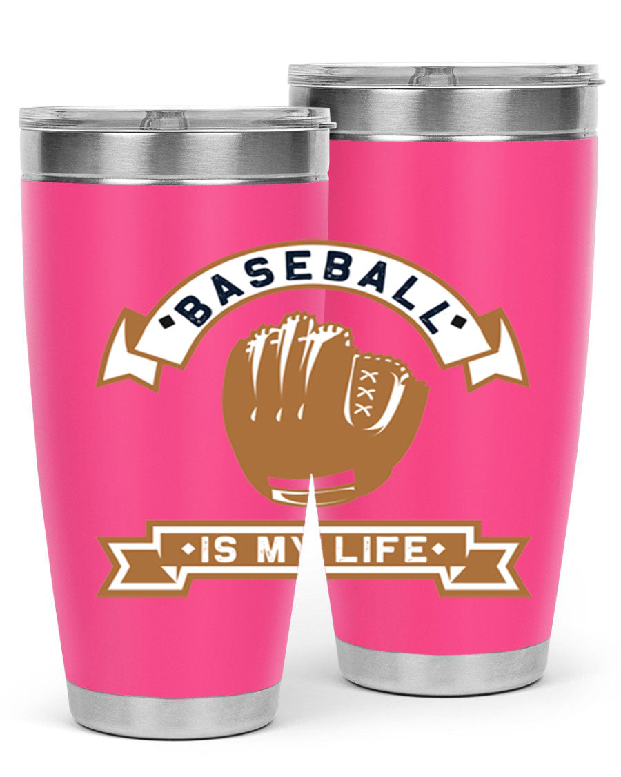 Baseball 1445# Tumbler in stainless steel with a drink-thru lid, showcasing its sleek design and vibrant print.