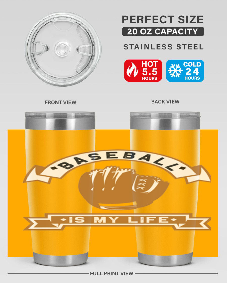 Baseball 1445# Tumbler in stainless steel with a drink-thru lid, showcasing its sleek design and vibrant print.