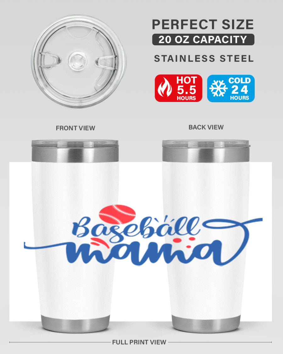 Baseball Mama 2208# 20oz stainless steel tumbler with a vibrant design, featuring a drink-thru lid and double wall vacuum insulation.