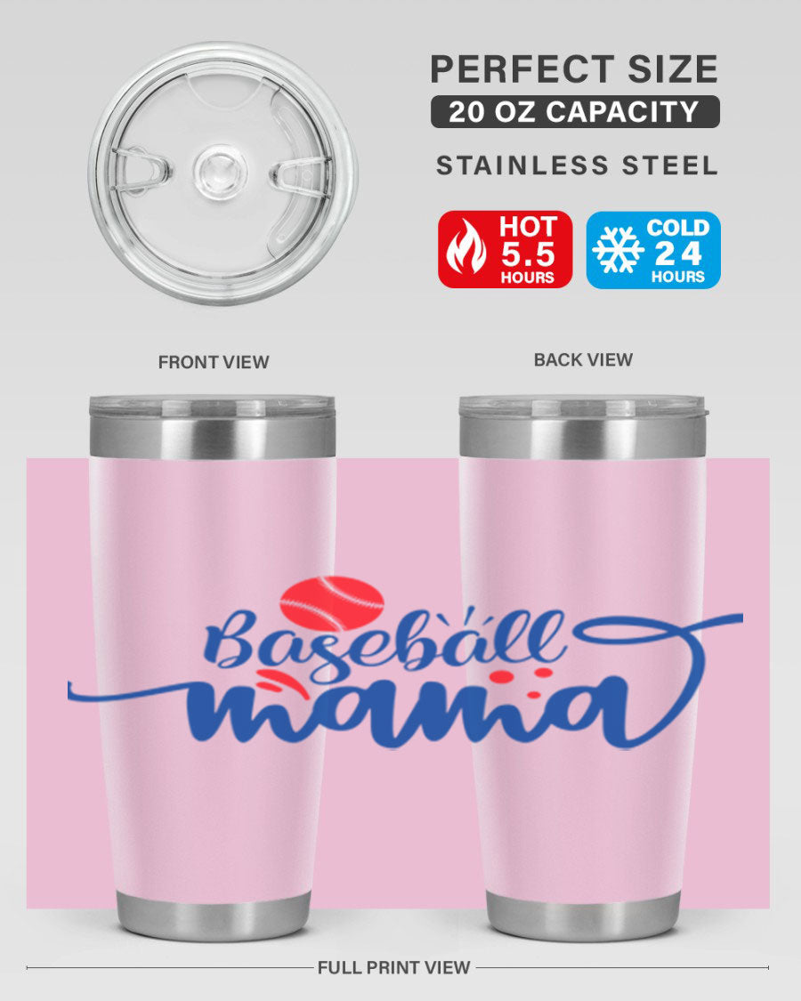 Baseball Mama 2208# 20oz stainless steel tumbler with a vibrant design, featuring a drink-thru lid and double wall vacuum insulation.