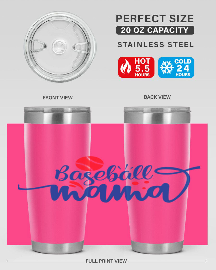 Baseball Mama 2208# 20oz stainless steel tumbler with a vibrant design, featuring a drink-thru lid and double wall vacuum insulation.