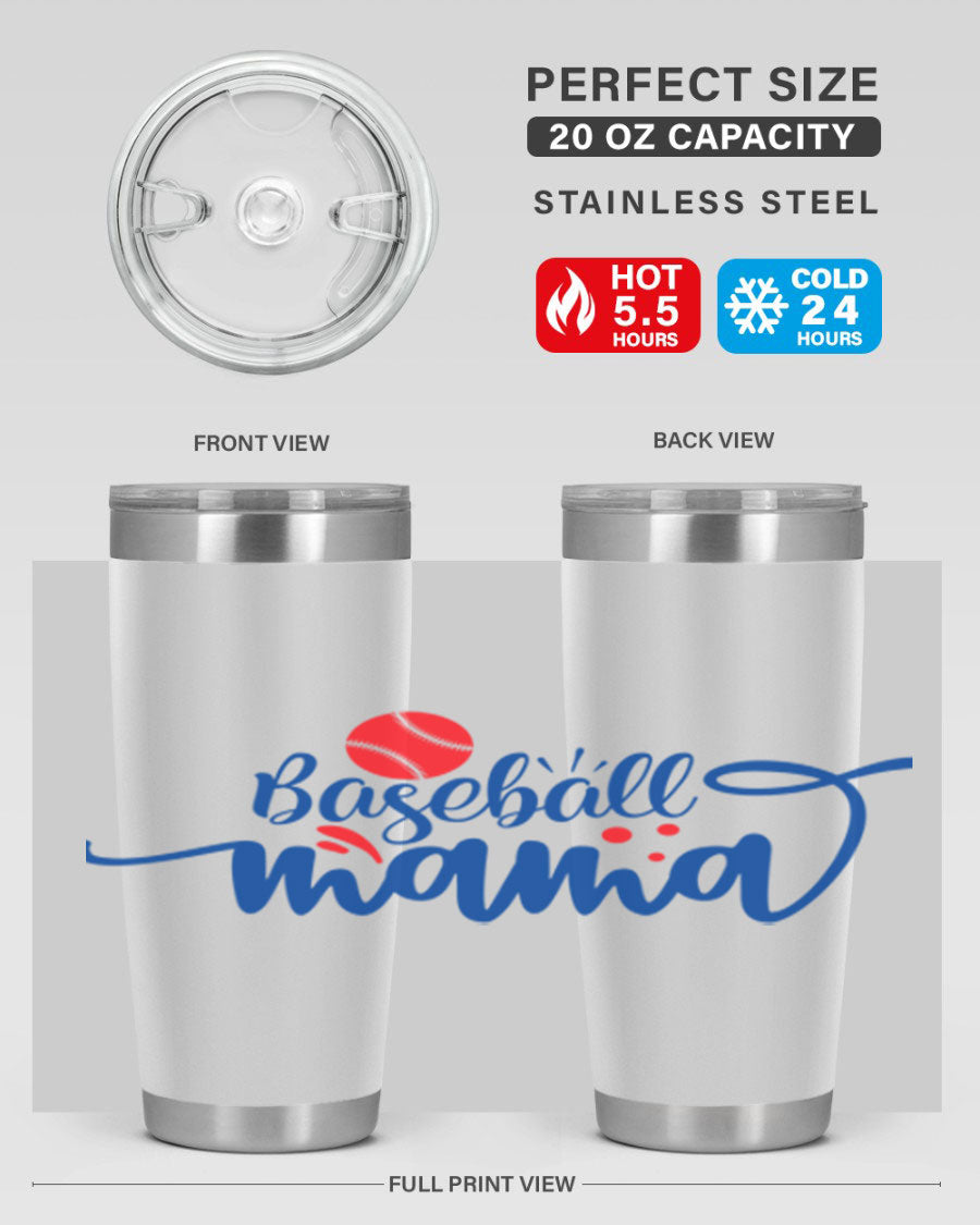 Baseball Mama 2208# 20oz stainless steel tumbler with a vibrant design, featuring a drink-thru lid and double wall vacuum insulation.