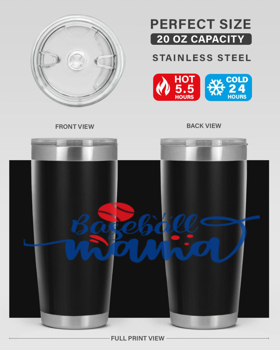 Baseball Mama 2208# 20oz stainless steel tumbler with a vibrant design, featuring a drink-thru lid and double wall vacuum insulation.