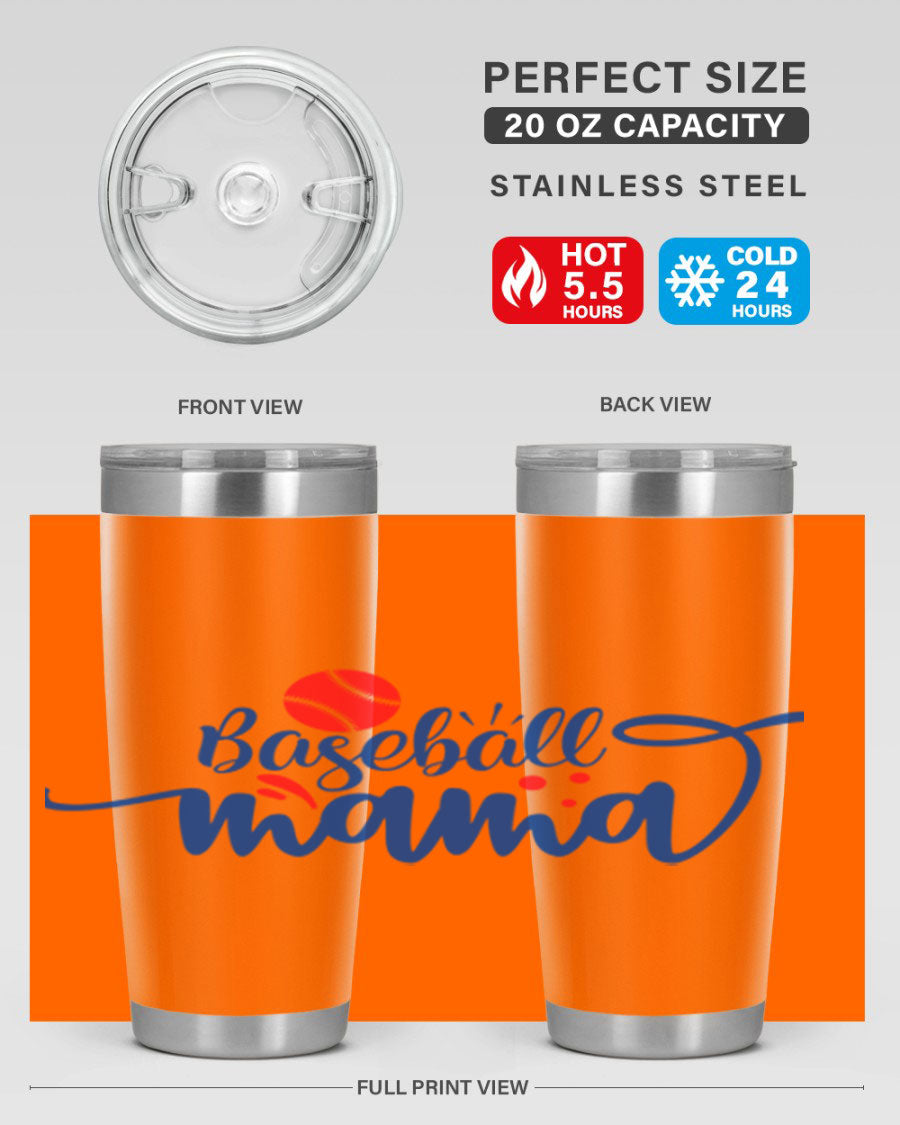 Baseball Mama 2208# 20oz stainless steel tumbler with a vibrant design, featuring a drink-thru lid and double wall vacuum insulation.