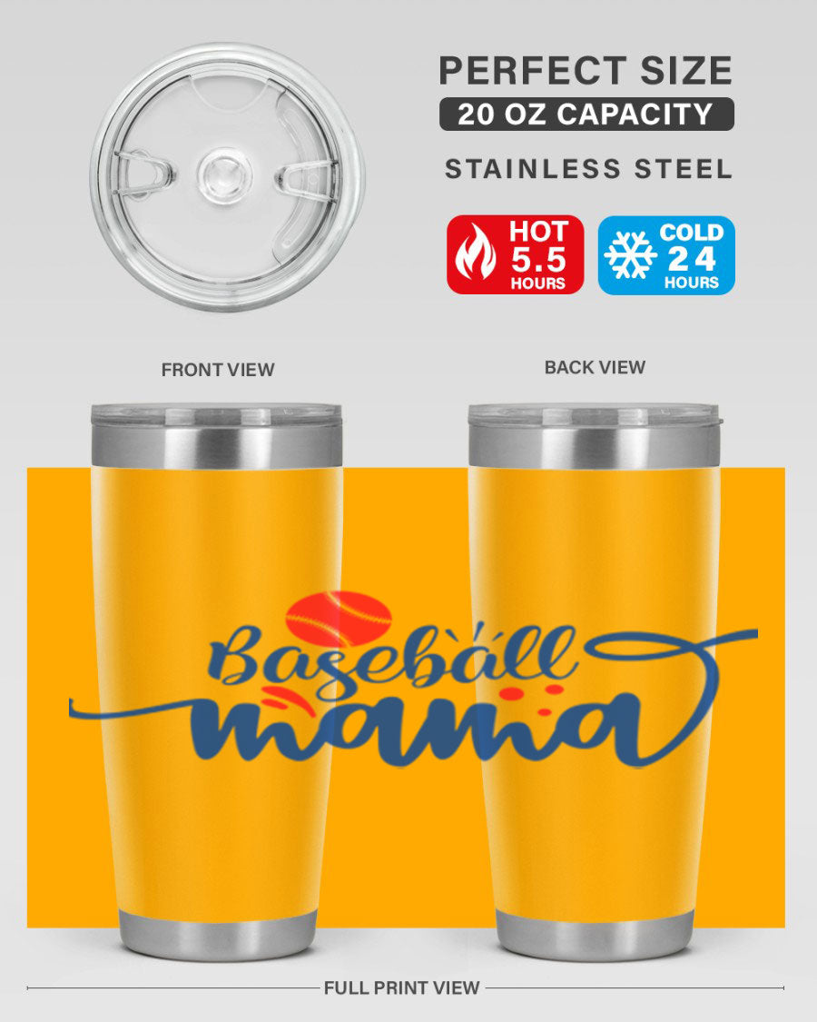 Baseball Mama 2208# 20oz stainless steel tumbler with a vibrant design, featuring a drink-thru lid and double wall vacuum insulation.