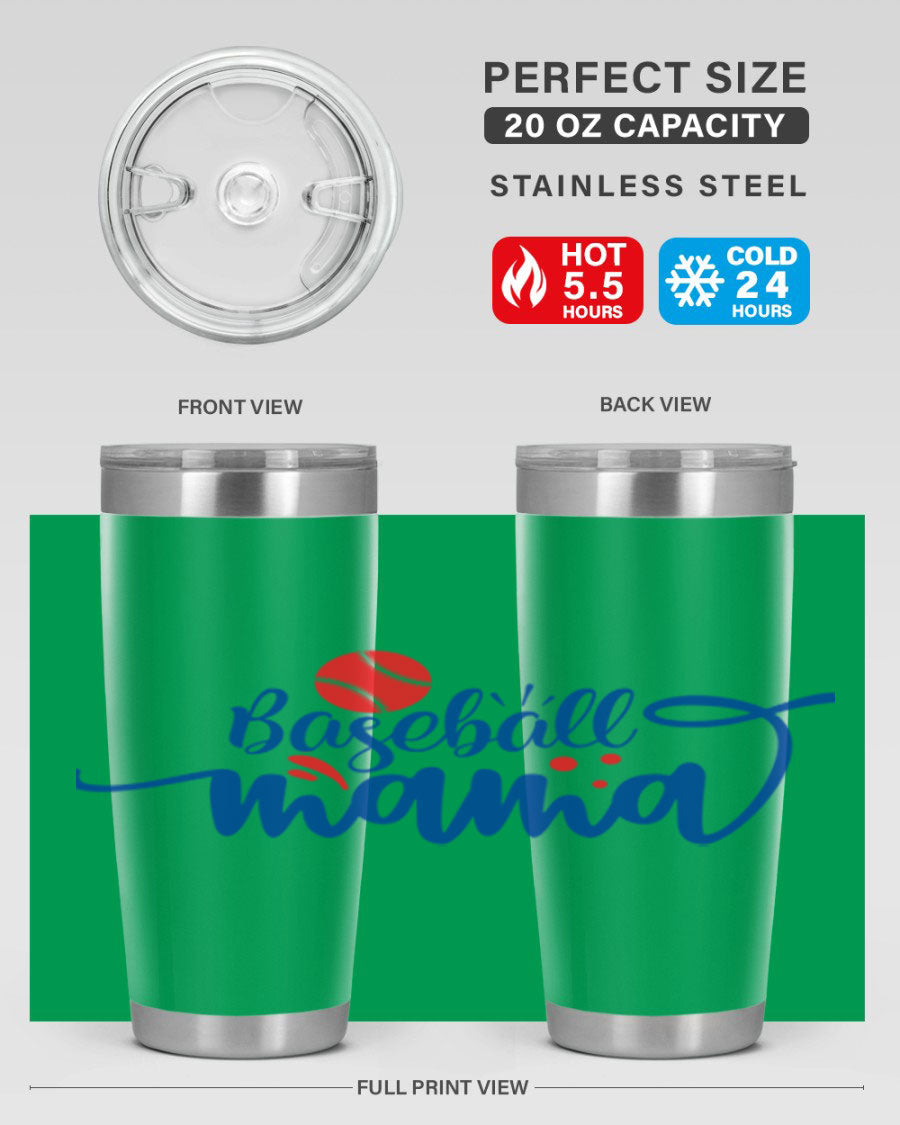 Baseball Mama 2208# 20oz stainless steel tumbler with a vibrant design, featuring a drink-thru lid and double wall vacuum insulation.