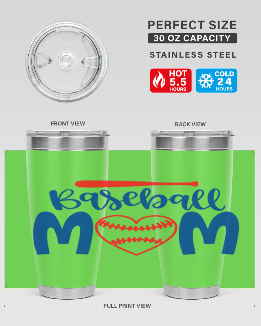 Baseball Mom 20oz Tumbler in stainless steel with a vibrant design, featuring a drink-thru lid and double wall vacuum insulation.