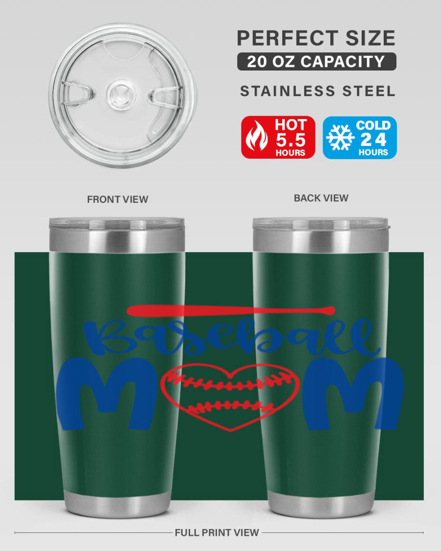 Baseball Mom 20oz Tumbler in stainless steel with a vibrant design, featuring a drink-thru lid and double wall vacuum insulation.