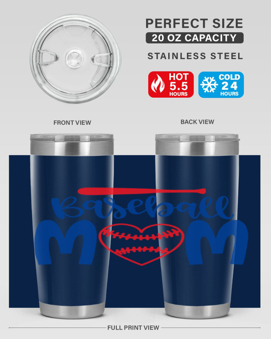 Baseball Mom 20oz Tumbler in stainless steel with a vibrant design, featuring a drink-thru lid and double wall vacuum insulation.