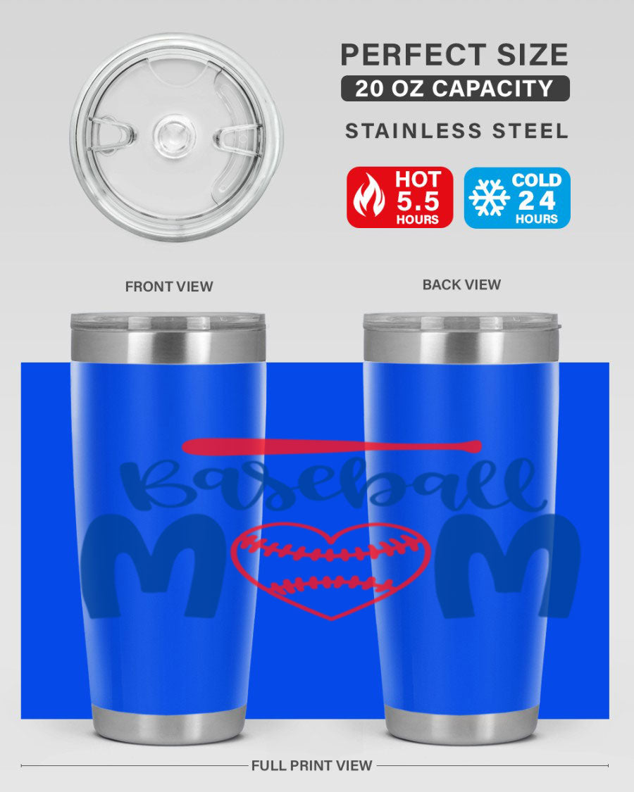 Baseball Mom 20oz Tumbler in stainless steel with a vibrant design, featuring a drink-thru lid and double wall vacuum insulation.