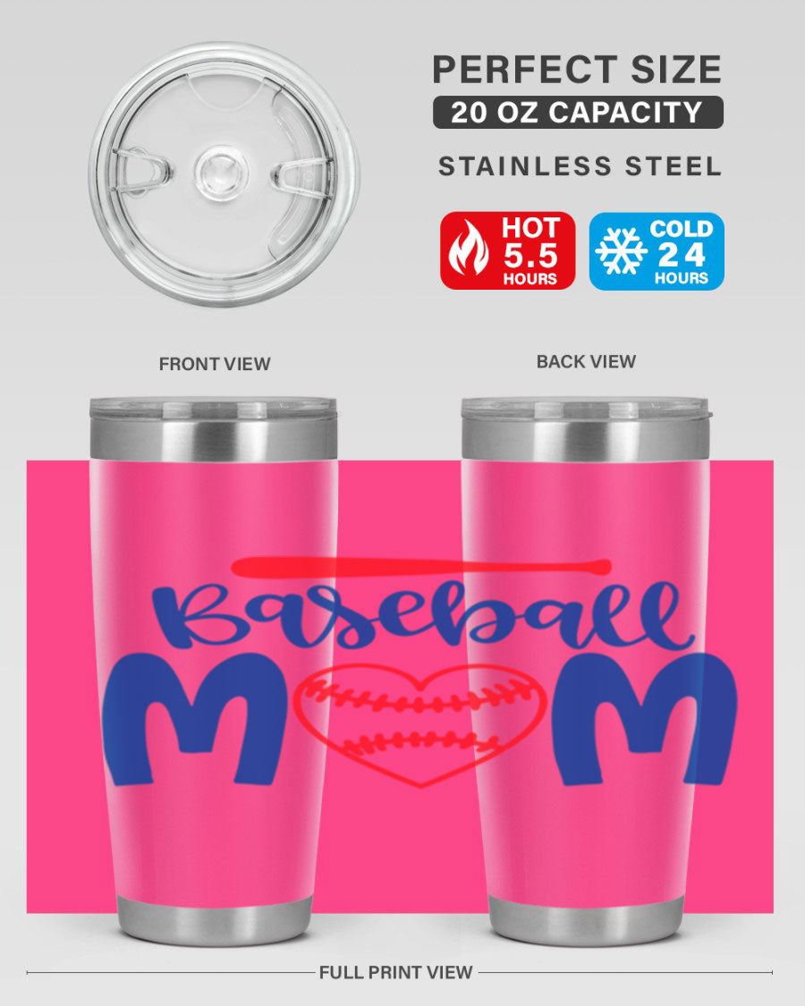 Baseball Mom 20oz Tumbler in stainless steel with a vibrant design, featuring a drink-thru lid and double wall vacuum insulation.