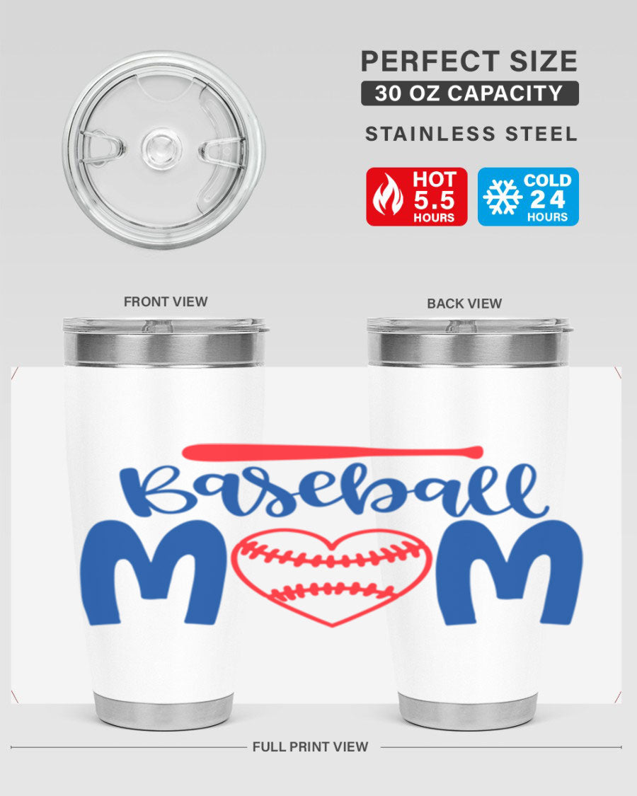 Baseball Mom 20oz Tumbler in stainless steel with a vibrant design, featuring a drink-thru lid and double wall vacuum insulation.