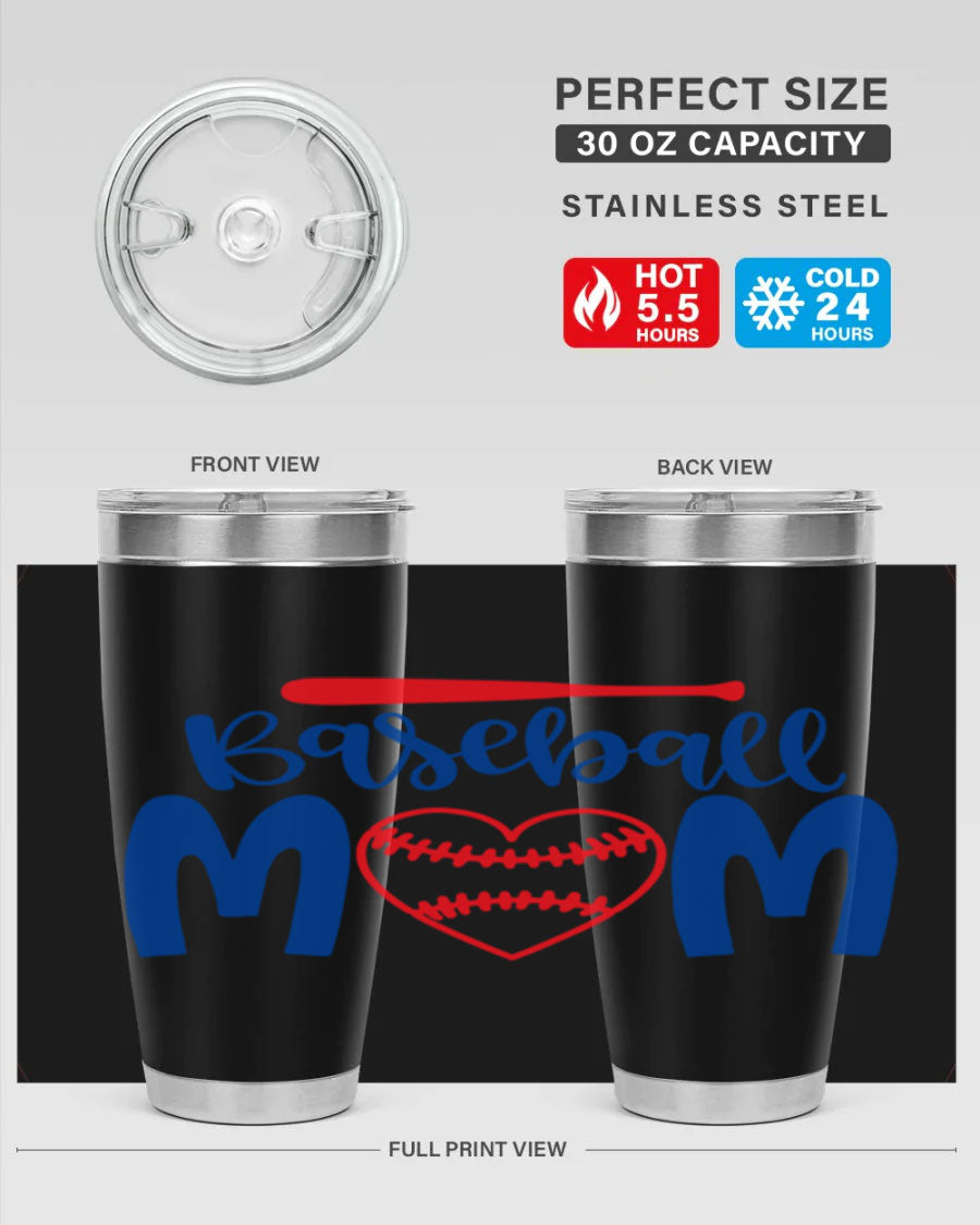 Baseball Mom 20oz Tumbler in stainless steel with a vibrant design, featuring a drink-thru lid and double wall vacuum insulation.