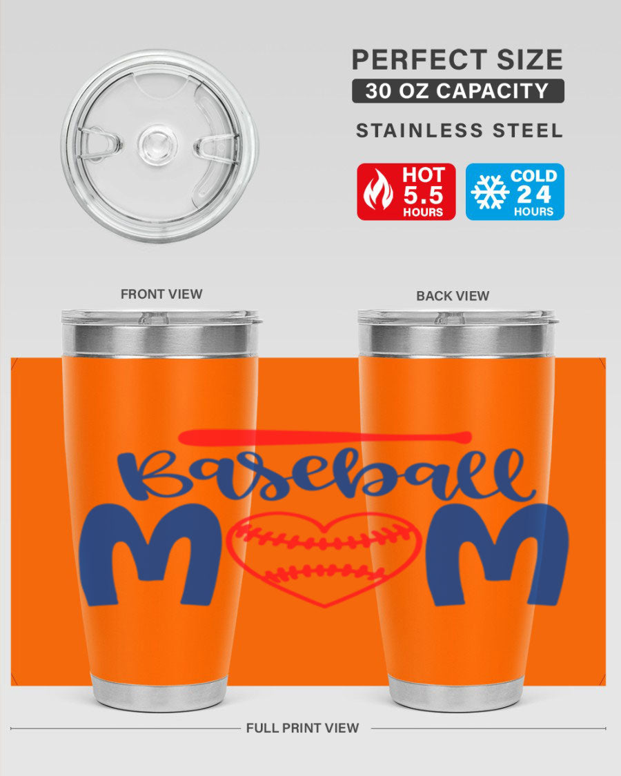 Baseball Mom 20oz Tumbler in stainless steel with a vibrant design, featuring a drink-thru lid and double wall vacuum insulation.