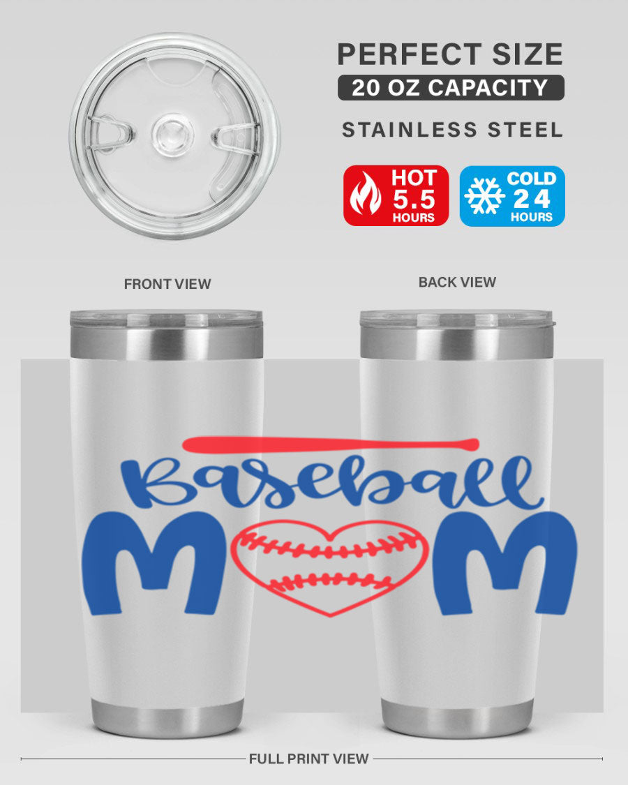 Baseball Mom 20oz Tumbler in stainless steel with a vibrant design, featuring a drink-thru lid and double wall vacuum insulation.