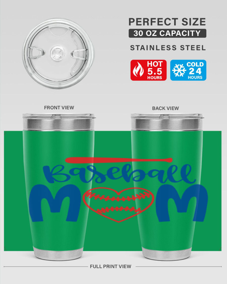 Baseball Mom 20oz Tumbler in stainless steel with a vibrant design, featuring a drink-thru lid and double wall vacuum insulation.