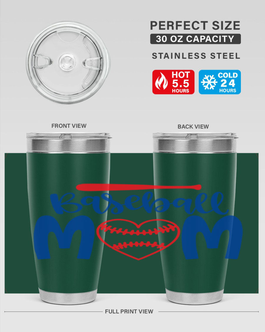 Baseball Mom 20oz Tumbler in stainless steel with a vibrant design, featuring a drink-thru lid and double wall vacuum insulation.