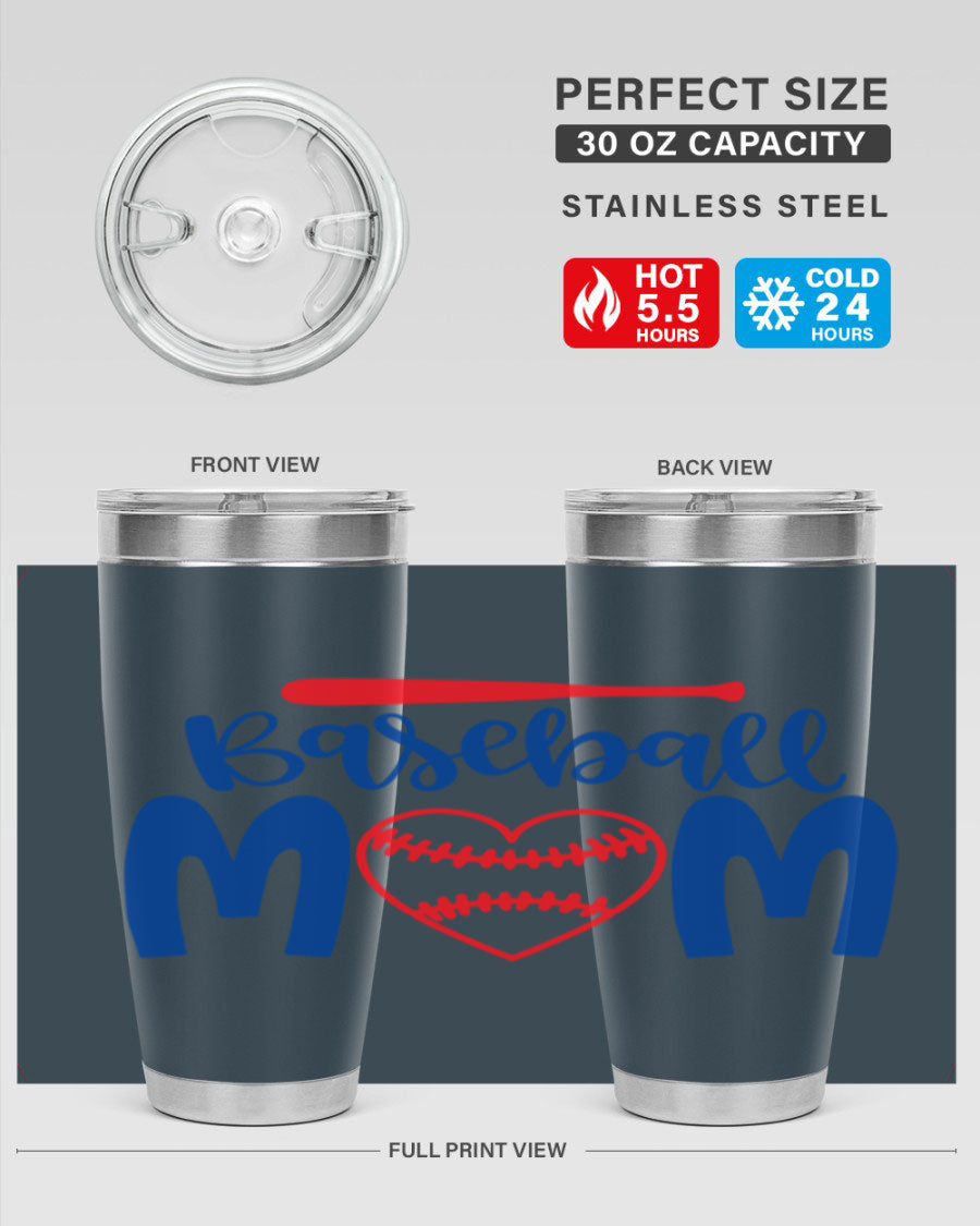 Baseball Mom 20oz Tumbler in stainless steel with a vibrant design, featuring a drink-thru lid and double wall vacuum insulation.