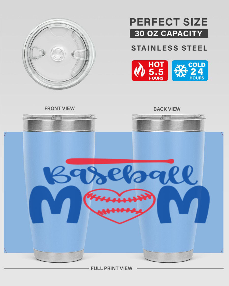 Baseball Mom 20oz Tumbler in stainless steel with a vibrant design, featuring a drink-thru lid and double wall vacuum insulation.