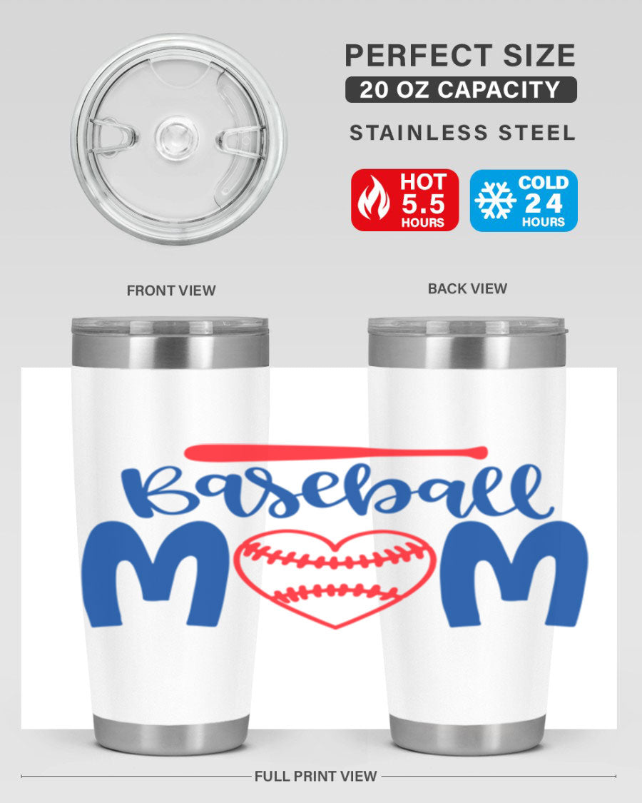 Baseball Mom 20oz Tumbler in stainless steel with a vibrant design, featuring a drink-thru lid and double wall vacuum insulation.