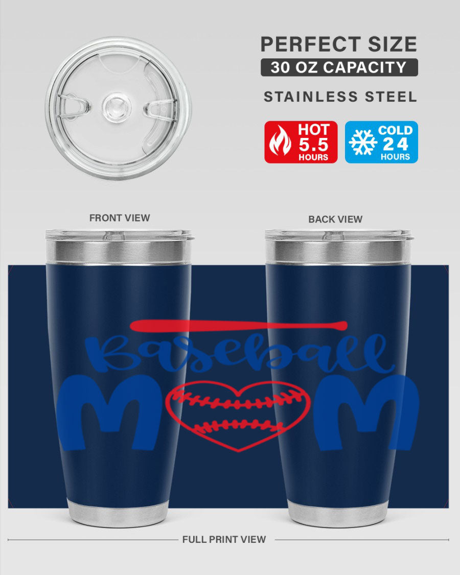 Baseball Mom 20oz Tumbler in stainless steel with a vibrant design, featuring a drink-thru lid and double wall vacuum insulation.