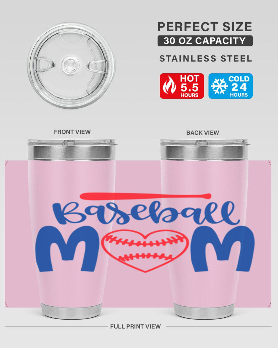 Baseball Mom 20oz Tumbler in stainless steel with a vibrant design, featuring a drink-thru lid and double wall vacuum insulation.