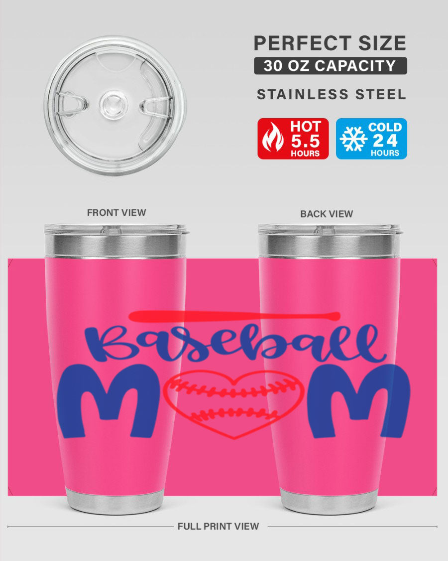 Baseball Mom 20oz Tumbler in stainless steel with a vibrant design, featuring a drink-thru lid and double wall vacuum insulation.