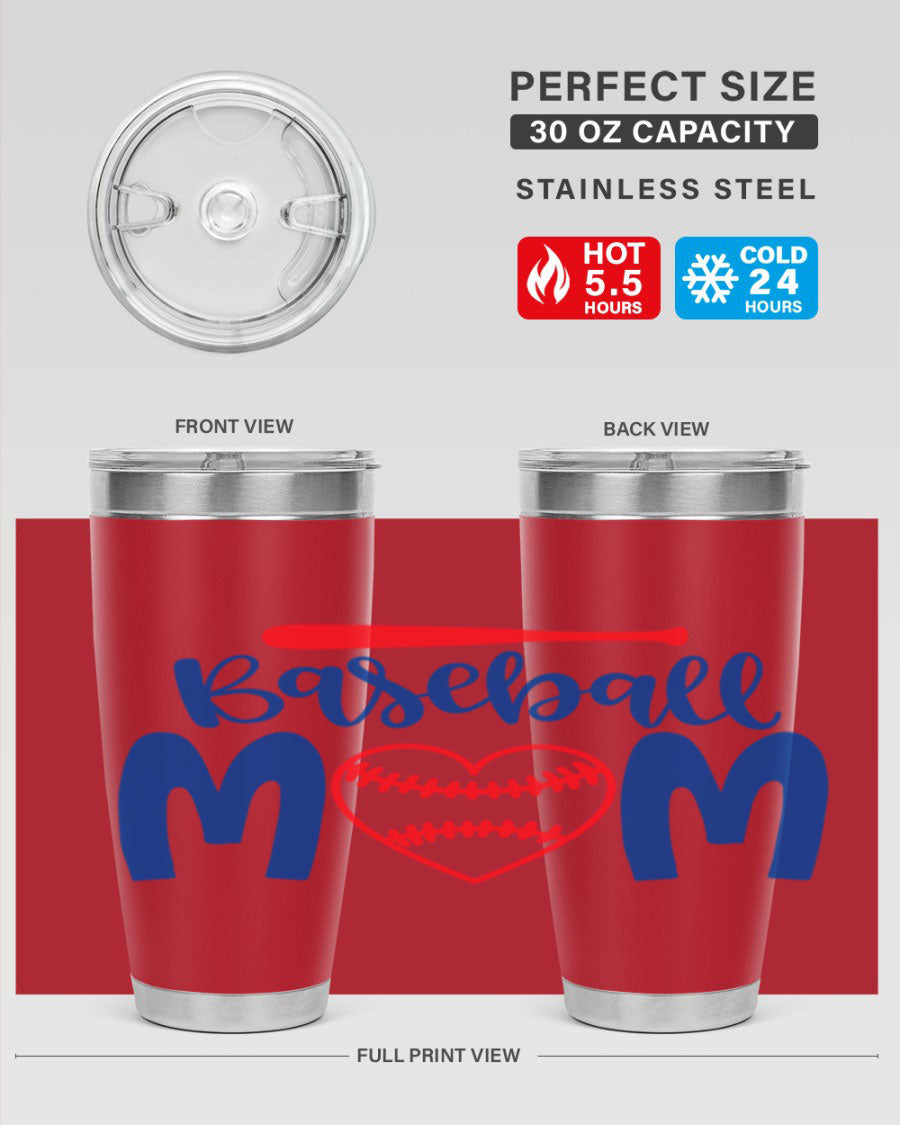 Baseball Mom 20oz Tumbler in stainless steel with a vibrant design, featuring a drink-thru lid and double wall vacuum insulation.