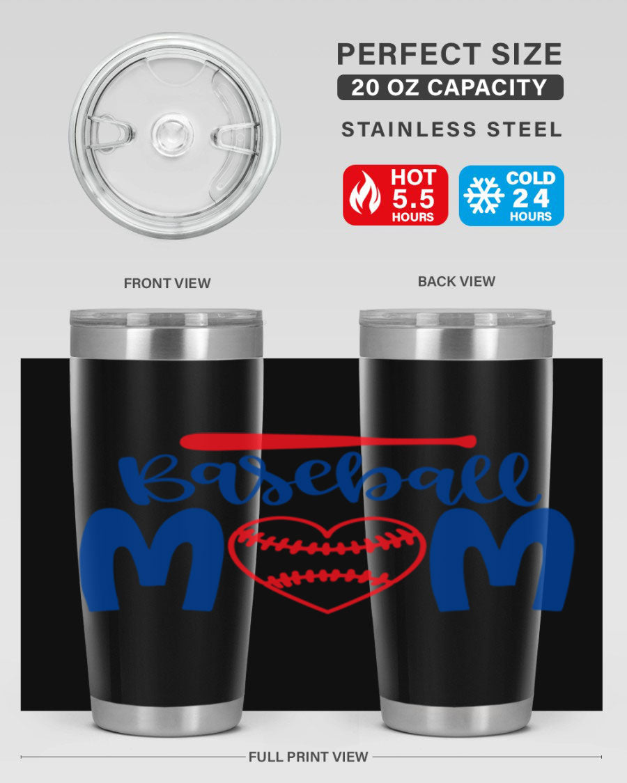 Baseball Mom 20oz Tumbler in stainless steel with a vibrant design, featuring a drink-thru lid and double wall vacuum insulation.