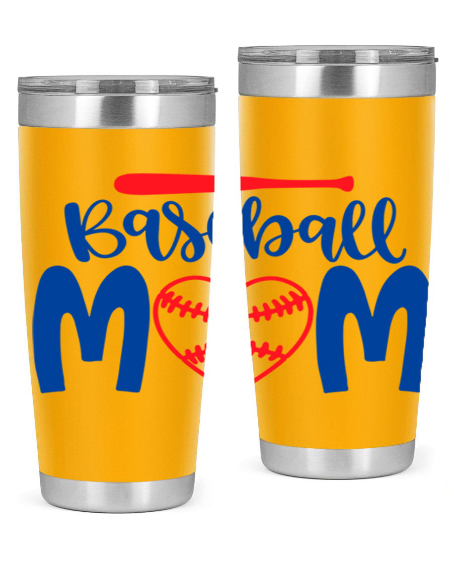 Baseball Mom 20oz Tumbler in stainless steel with a vibrant design, featuring a drink-thru lid and double wall vacuum insulation.