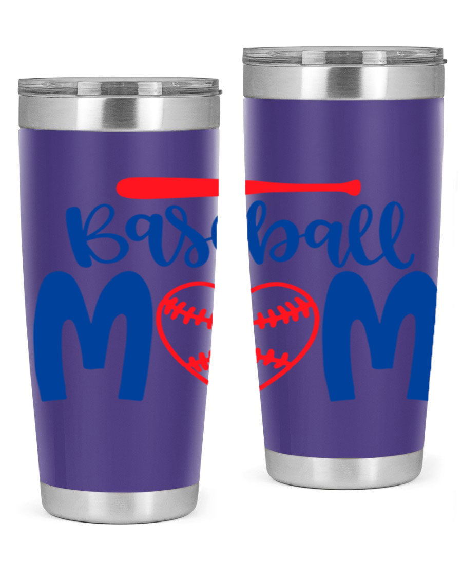 Baseball Mom 20oz Tumbler in stainless steel with a vibrant design, featuring a drink-thru lid and double wall vacuum insulation.