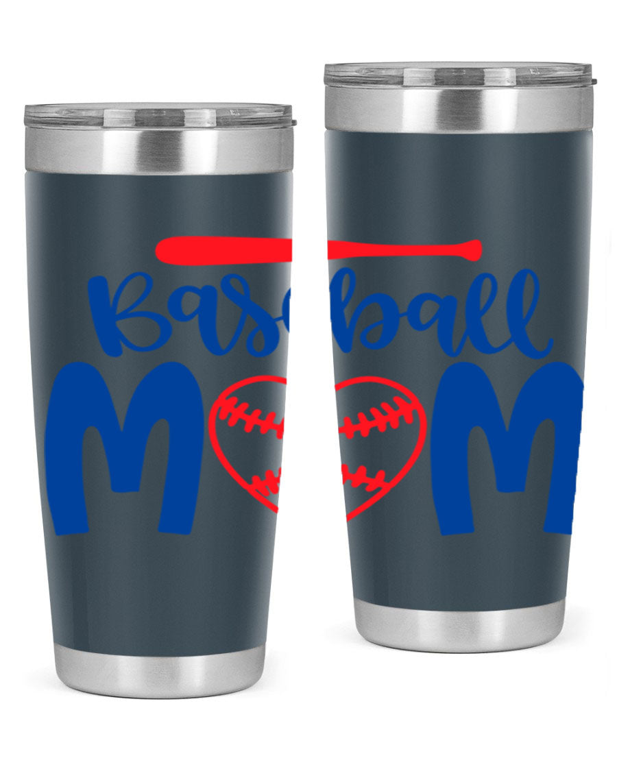 Baseball Mom 20oz Tumbler in stainless steel with a vibrant design, featuring a drink-thru lid and double wall vacuum insulation.