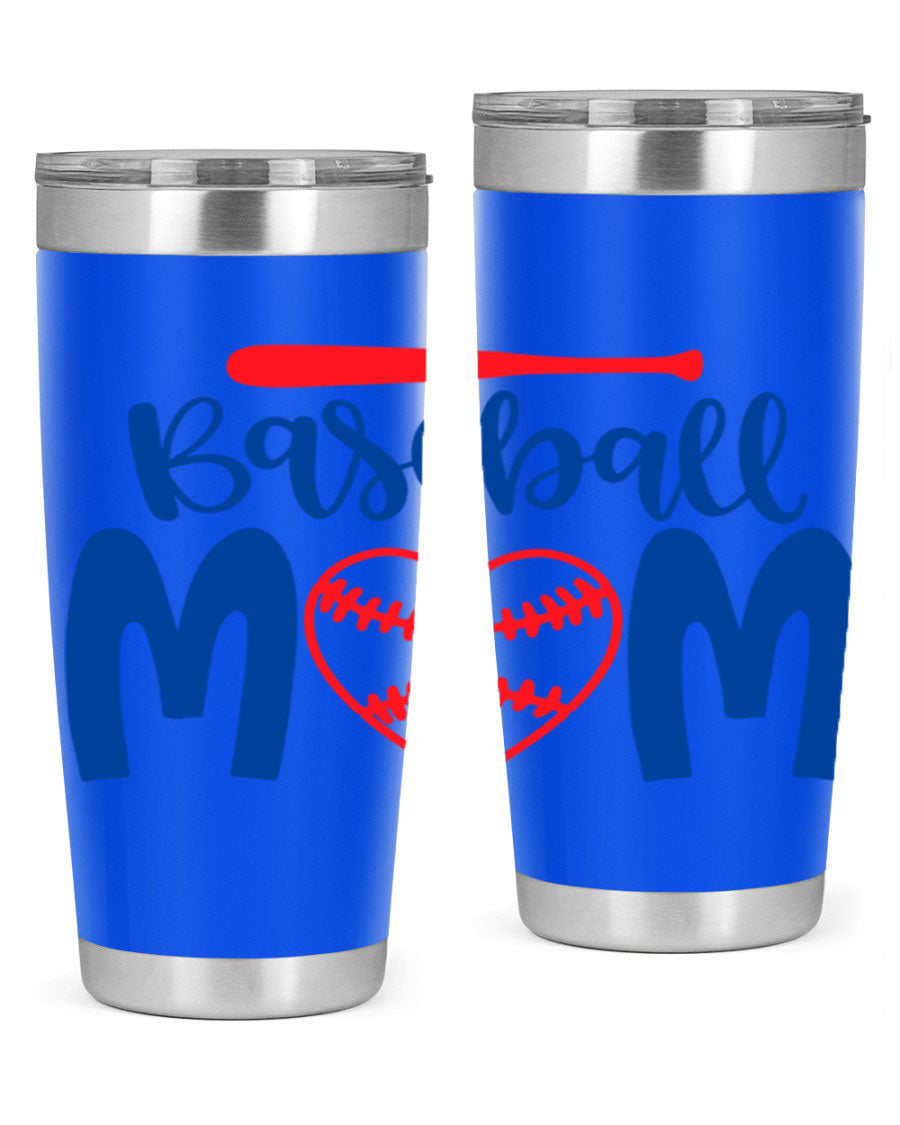 Baseball Mom 20oz Tumbler in stainless steel with a vibrant design, featuring a drink-thru lid and double wall vacuum insulation.