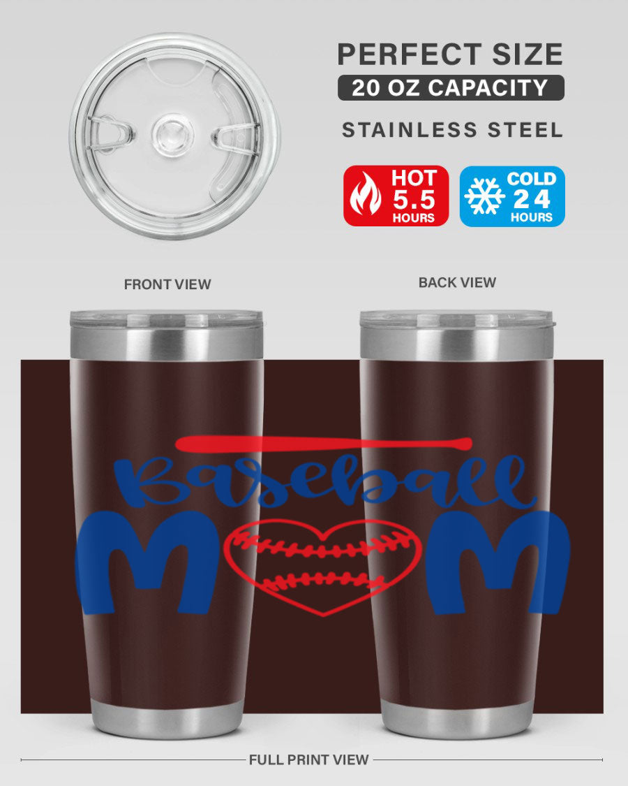 Baseball Mom 20oz Tumbler in stainless steel with a vibrant design, featuring a drink-thru lid and double wall vacuum insulation.