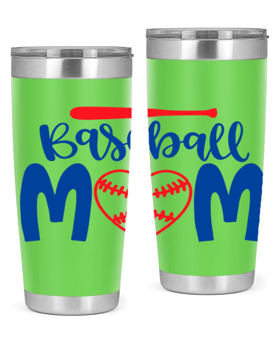 Baseball Mom 20oz Tumbler in stainless steel with a vibrant design, featuring a drink-thru lid and double wall vacuum insulation.