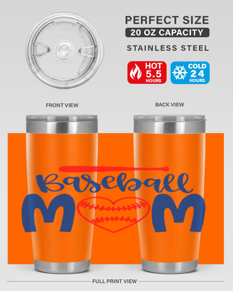 Baseball Mom 20oz Tumbler in stainless steel with a vibrant design, featuring a drink-thru lid and double wall vacuum insulation.